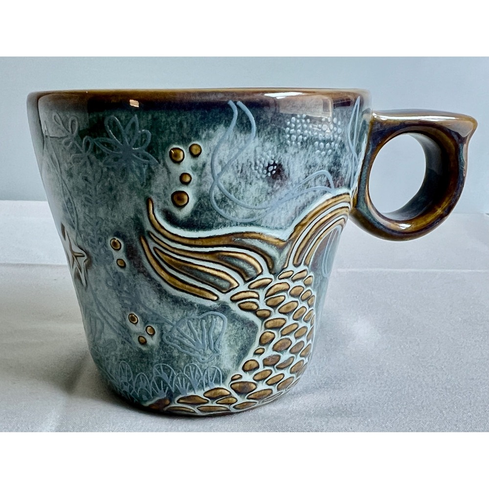 Starbucks 2014 Anniversary Mermaid Tail Mug 12oz Teal Bronze Embossed Ceramic